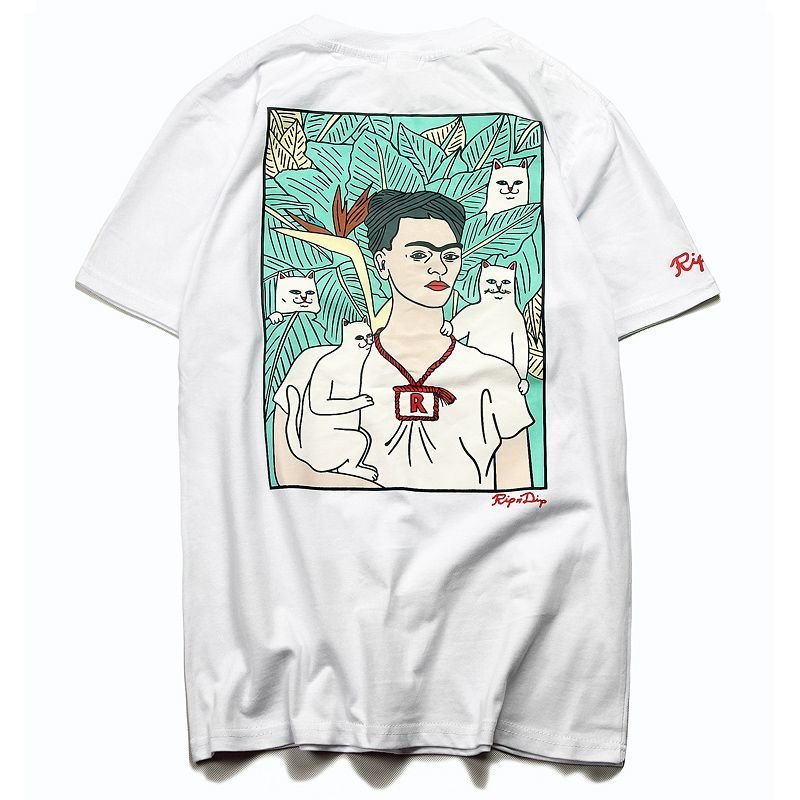 画像2:  men's men and women cat leaves print  loose  short sleeveT-shirt ユニセックス男女兼用半袖 猫　キャットプリントTシャツプルオーバ ー (2)