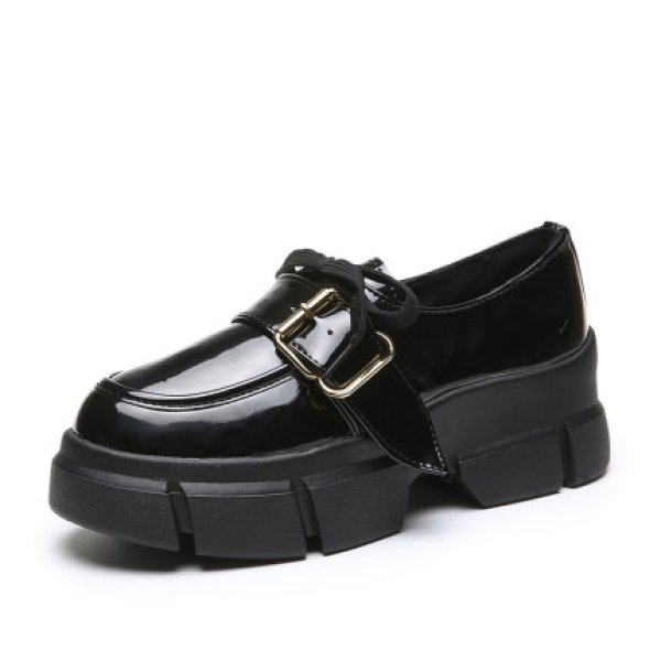 画像1:  women's Platform buckle belt enamel shoes  パテント エナメルレザー厚底バックルレースアップローファー スニーカー (1)