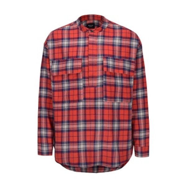 画像1:  men's Red and Blue Plaid Henry Collar Long Sleeve Plaid Shirtユニセックス男女兼用チェック柄ヘンリーカラー長袖チェック柄シャツ (1)