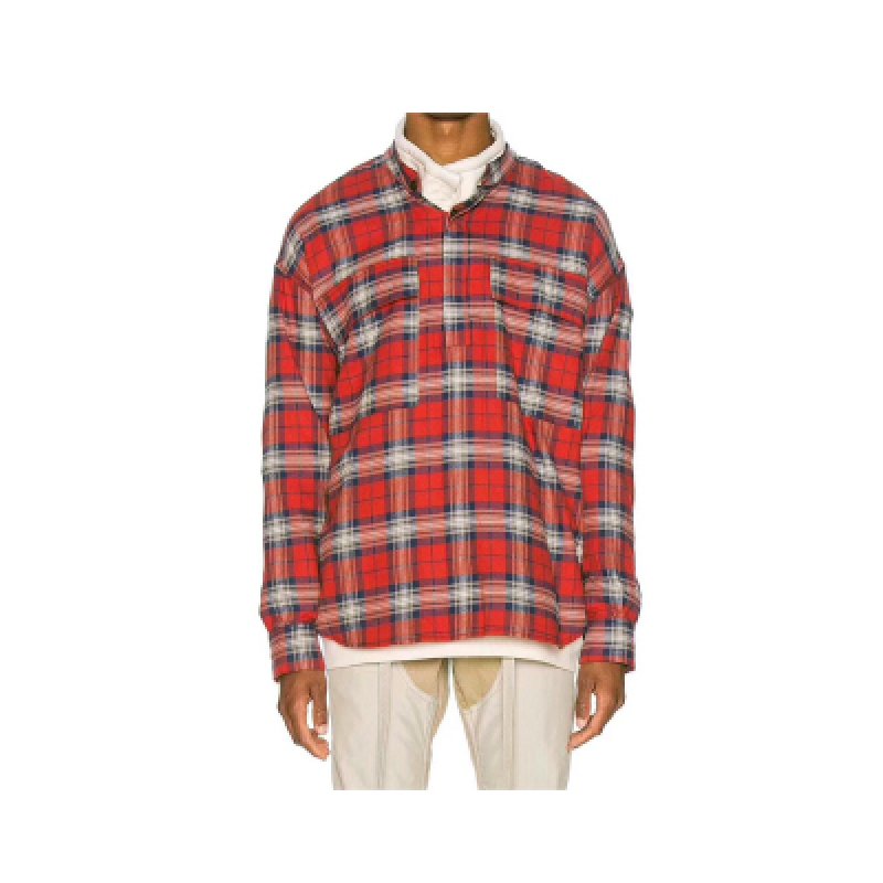 画像3:  men's Red and Blue Plaid Henry Collar Long Sleeve Plaid Shirtユニセックス男女兼用チェック柄ヘンリーカラー長袖チェック柄シャツ (3)