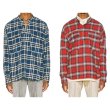 画像5:  men's Red and Blue Plaid Henry Collar Long Sleeve Plaid Shirtユニセックス男女兼用チェック柄ヘンリーカラー長袖チェック柄シャツ (5)