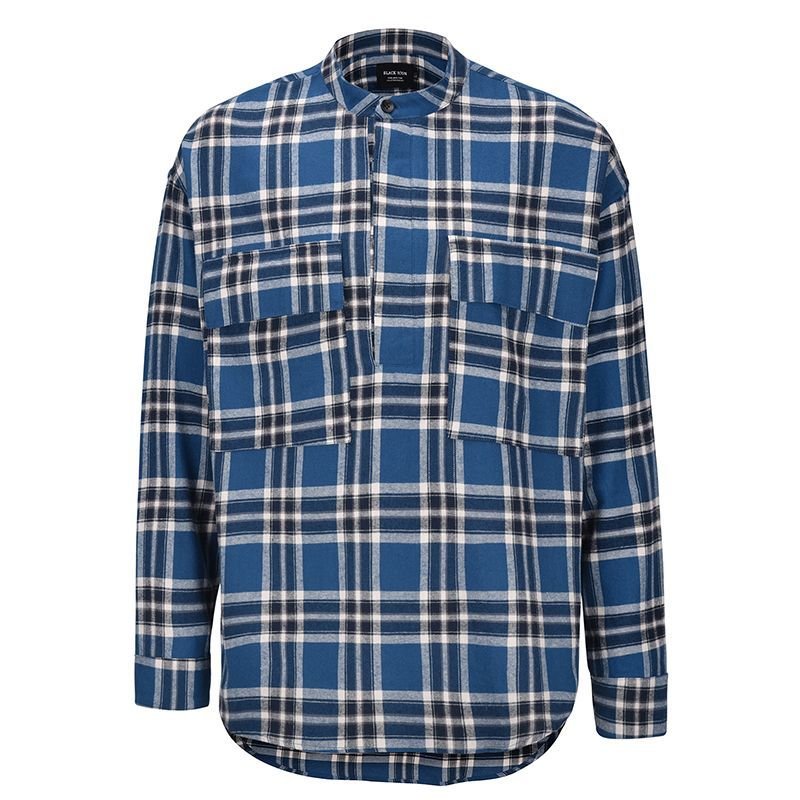 画像2:  men's Red and Blue Plaid Henry Collar Long Sleeve Plaid Shirtユニセックス男女兼用チェック柄ヘンリーカラー長袖チェック柄シャツ (2)