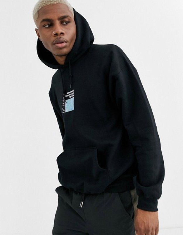 画像4:  Reclaimed Vintage oversized hoodie with van gogh print in black  Long Sleeve Hoodie ブラックヴァンゴッホプリントのビンテージオーバーサイズフーディプルオーバー ユニセックス男女兼用  (4)