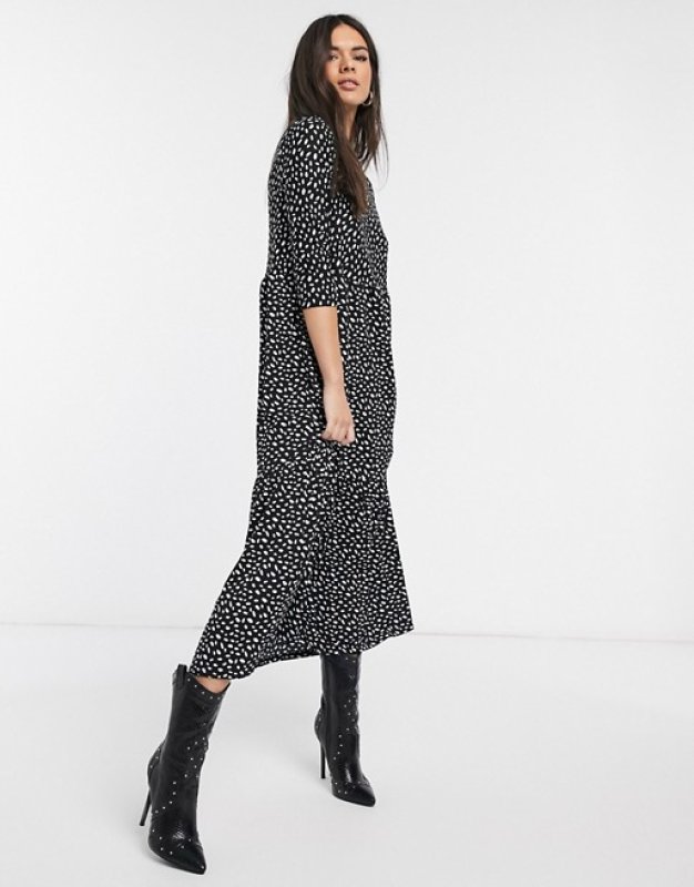 画像2:  Women's River Island long sleeve printed midi smock dress in black　長袖プリントミディスモックドレスワンピース　 (2)