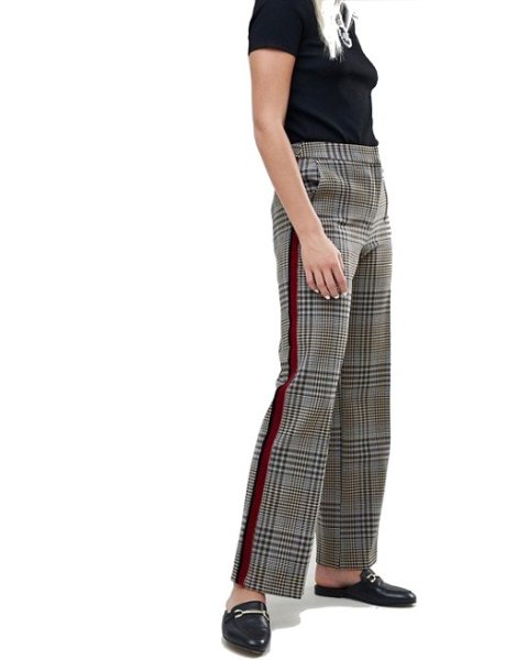 画像1: women's River Island straight leg trousers with side stripe in grey check　サイドストライプグレーチェック柄ストレートレッグパンツ (1)