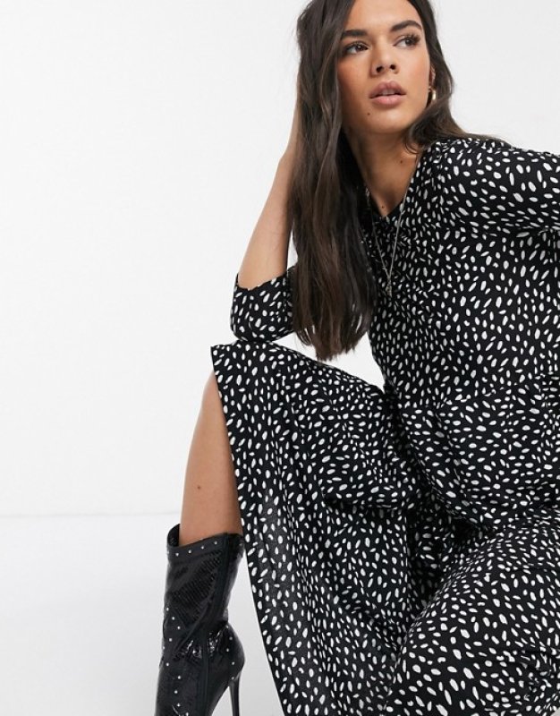 画像4:  Women's River Island long sleeve printed midi smock dress in black　長袖プリントミディスモックドレスワンピース　 (4)