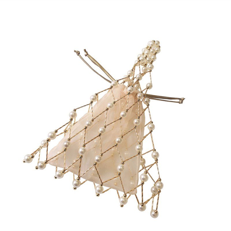 画像4: Woman’s handmade hollow beaded woven pearl  fishnet  vegetable basket handbag パール付きハンドメイドネットバッグトートフレンチバッグ (4)