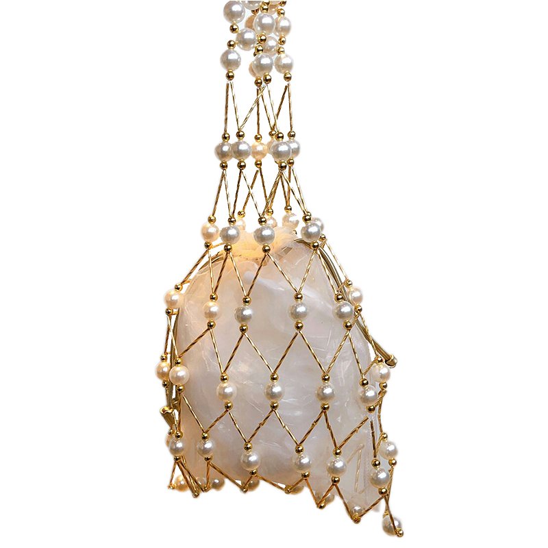 画像3: Woman’s handmade hollow beaded woven pearl  fishnet  vegetable basket handbag パール付きハンドメイドネットバッグトートフレンチバッグ (3)