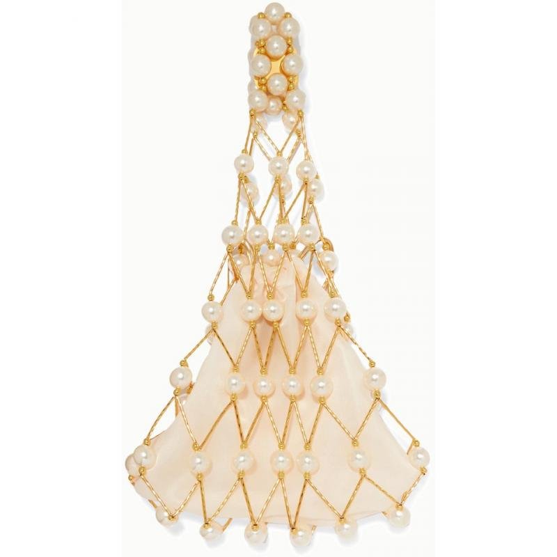 画像2: Woman’s handmade hollow beaded woven pearl  fishnet  vegetable basket handbag パール付きハンドメイドネットバッグトートフレンチバッグ (2)