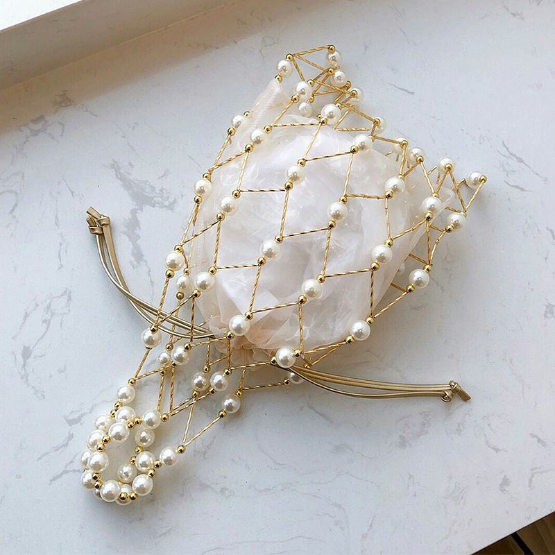 画像5: Woman’s handmade hollow beaded woven pearl  fishnet  vegetable basket handbag パール付きハンドメイドネットバッグトートフレンチバッグ (5)