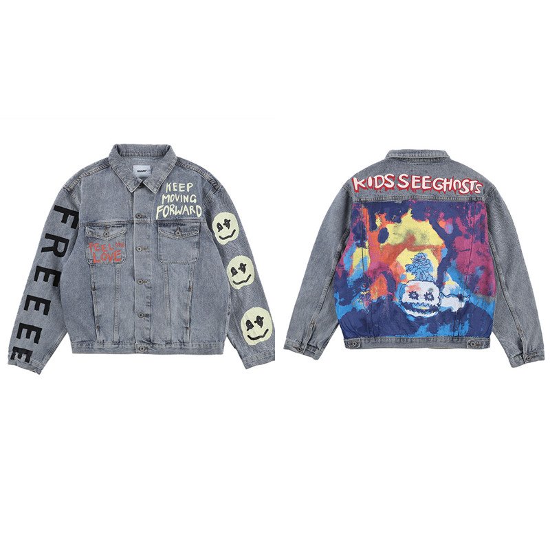 画像3: KANYE WEST KIDS SEE GHOSTS Smiley ink painting men and women loose old denim jacket  スマイリーペイントオーバーサイズデニムジャケットユニセッ クス男女兼用ジャケット コート (3)