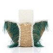画像3: Woman’s Feather Pearl Decoration Ostrich Fur Straw Bag   リアルフェザーパールデコレーションかご　籠ストローバック　トート ハンドバック　 (3)