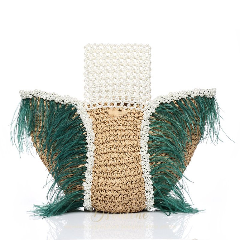 画像3: Woman’s Feather Pearl Decoration Ostrich Fur Straw Bag   リアルフェザーパールデコレーションかご　籠ストローバック　トート ハンドバック　 (3)