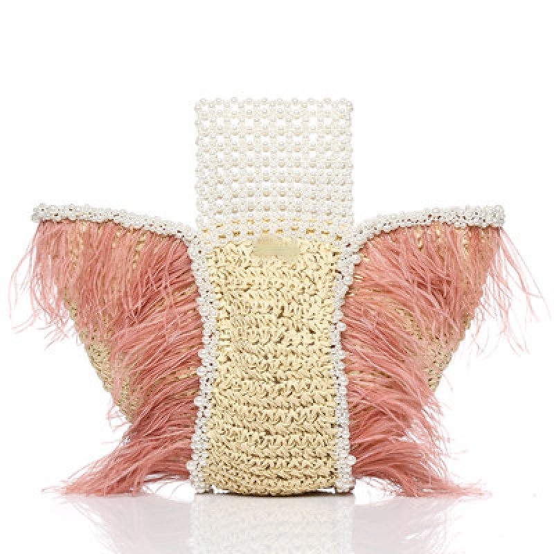 画像4: Woman’s Feather Pearl Decoration Ostrich Fur Straw Bag   リアルフェザーパールデコレーションかご　籠ストローバック　トート ハンドバック　 (4)
