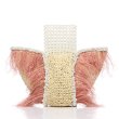 画像1: Woman’s Feather Pearl Decoration Ostrich Fur Straw Bag   リアルフェザーパールデコレーションかご　籠ストローバック　トート ハンドバック　 (1)