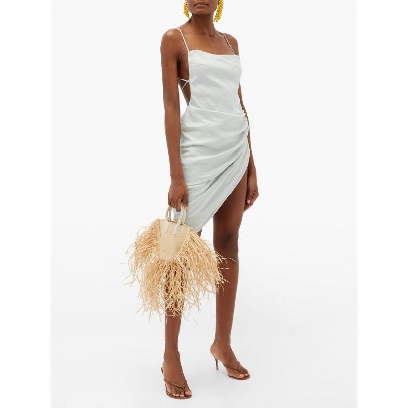 画像2: Woman’s Natural portable messenger bag fringed woven bag    フリンジ トートショルダーかご 籠ハンドバック  (2)