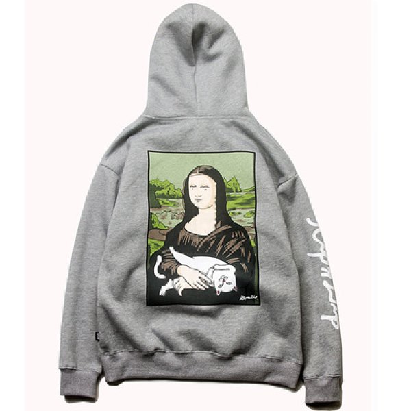 画像1:  middle finger cat Mona Lisa hooded sweater　中指猫モナリザフードオーバーサイズ フーディーパーカー ユニセックス 男女兼用   (1)