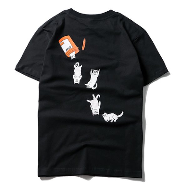 画像1: Men's paragraph Kanye middle finger cat canned cat cotton short-sleeved T-shirt  キャットプリント  オーバーサイズ 半袖Tシャツユニセックス 男女兼用 (1)