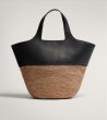 画像2: stitched leather design raffia woven bag Handbag　ステッチレザーデザインラフィア籠 かごバッグハンドバッグ　 (2)