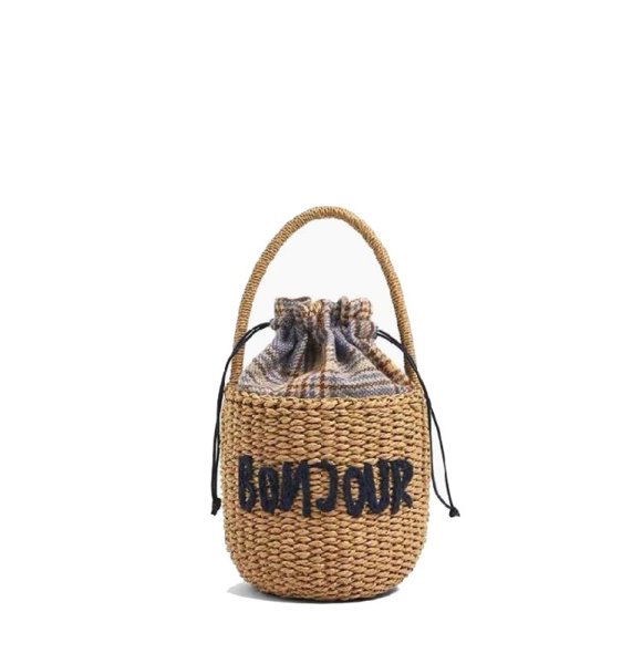 画像1: Retro round bucket straw bag letter hand woven bag   レター入りバケツストローバッグ 籠 かごバッグハンドバッグ　 (1)