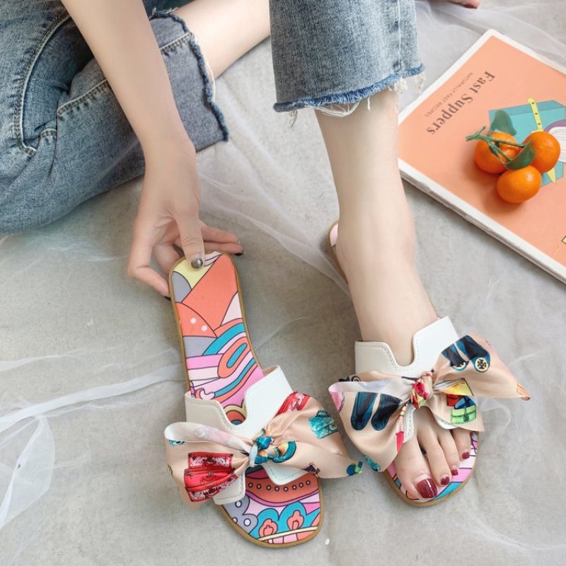 画像7: women's Satin Floral Bow H-shaped Belt Fingerless Slippers flat sandals  サテンフローラルリボン フラットサンダル スリッパ　ミュール (7)