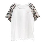 画像4: tweed stitching sleeves casual round neck pullover short-sleeved T-shirt　ツイードステッチスリーブラウンドネックプルオーバー半袖Tシャツ (4)