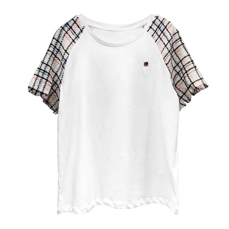 画像4: tweed stitching sleeves casual round neck pullover short-sleeved T-shirt　ツイードステッチスリーブラウンドネックプルオーバー半袖Tシャツ (4)