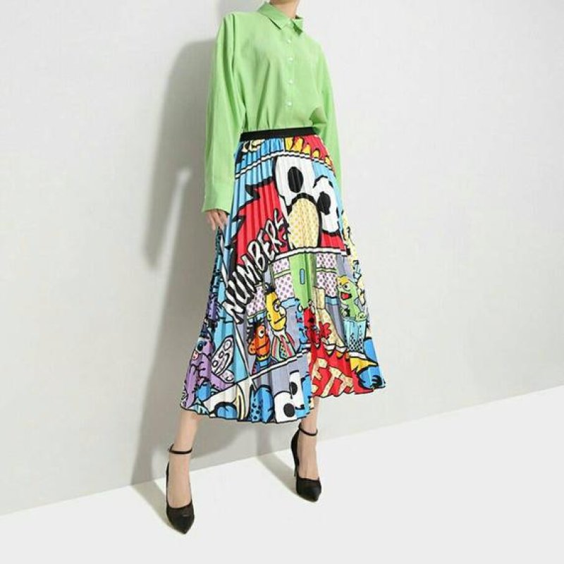 画像1: New Women's comic cartoon Sesame Street printed pleated skirt セサミストリート膝丈プリーツスカート (1)