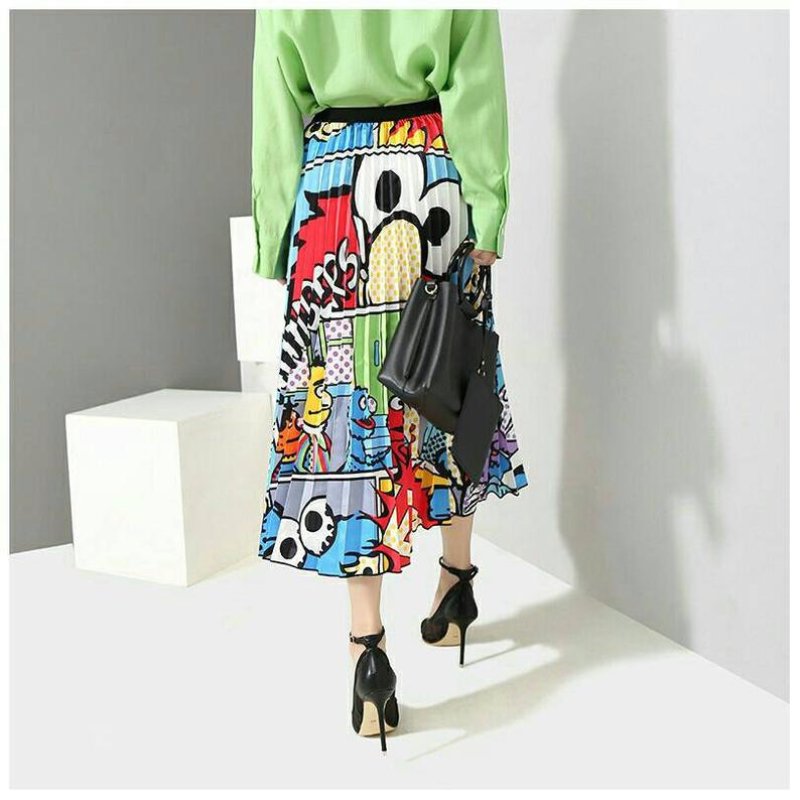 画像2: New Women's comic cartoon Sesame Street printed pleated skirt セサミストリート膝丈プリーツスカート (2)