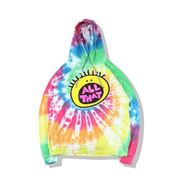 画像1:  rainbow tie dye smiley face print loose casual men and women OVERSIZE hooded sweater 　レインボータイダイスマイリーフェイスプリントルーズ フーディーパーカーユニセックス 男女兼用 (1)