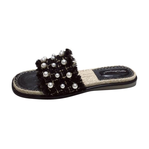 画像1: Women  Half sandals with pearls on tweed flip-flops slippers　　ツイード&パールエスパドリーユサンダルフラットサンダル 　 (1)