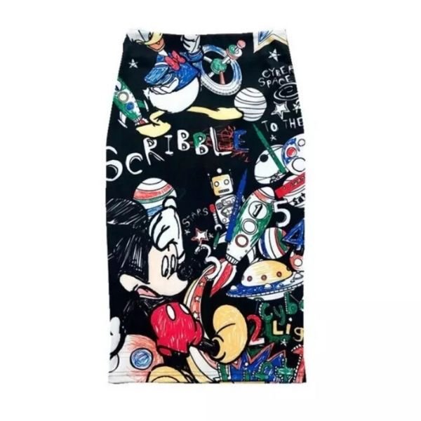 画像1: Women's Mickey graffiti print printed pencil tight skirt ミッキー グラフィックペイント タイト ペンシル 膝丈 スカート (1)