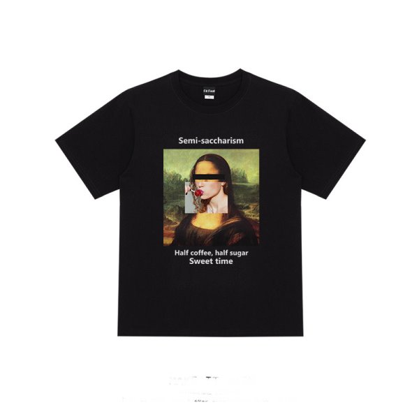 画像1:  oil painting Mona Lisa short sleeve T-shirt    ユニセックス 男女兼用モナリザプリント半袖Tシャツ (1)
