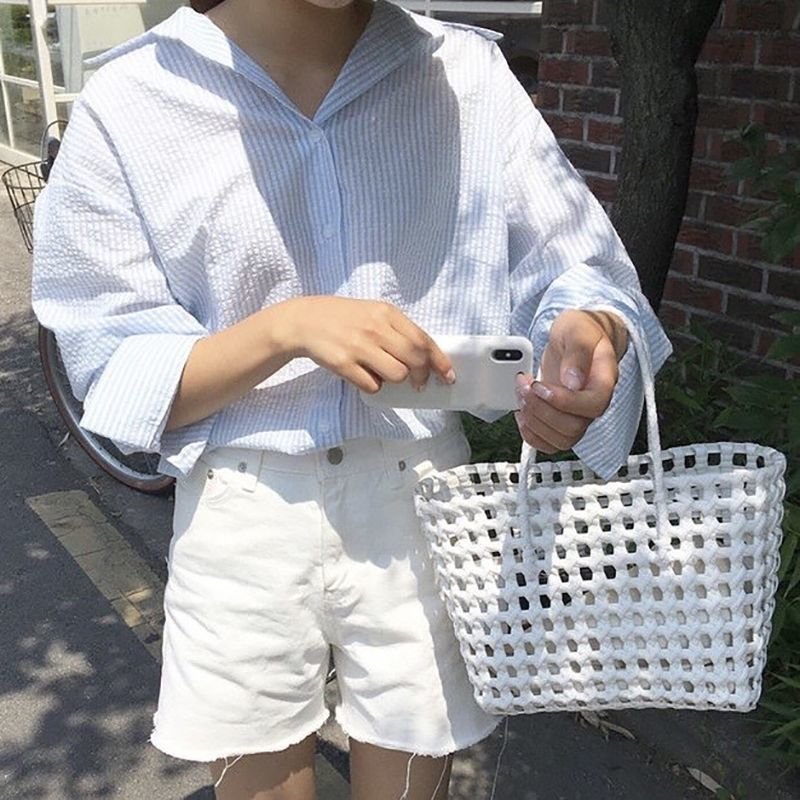 画像7: Super practical woven basket handbag tote bag   エコ編み込みメッシュトートかご籠バッグ (7)