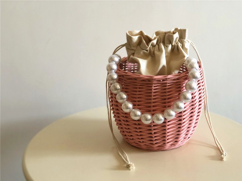 画像11: Pearl handle small basket handbag tote bag   パール真珠ハンドルスモールトートかご籠バッグ (11)