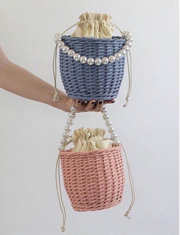 画像2: Pearl handle small basket handbag tote bag   パール真珠ハンドルスモールトートかご籠バッグ (2)
