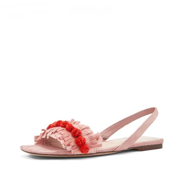 画像1: Women  tassel decorated flat sandals  　本革レザータッセルスクエアヘッドオープントゥフラットサンダル (1)