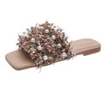 画像1: Women Pearl & Tweed Flat Sandals Slippers　パール＆ツイードフラットオープントゥサンダル　スリッパ  (1)