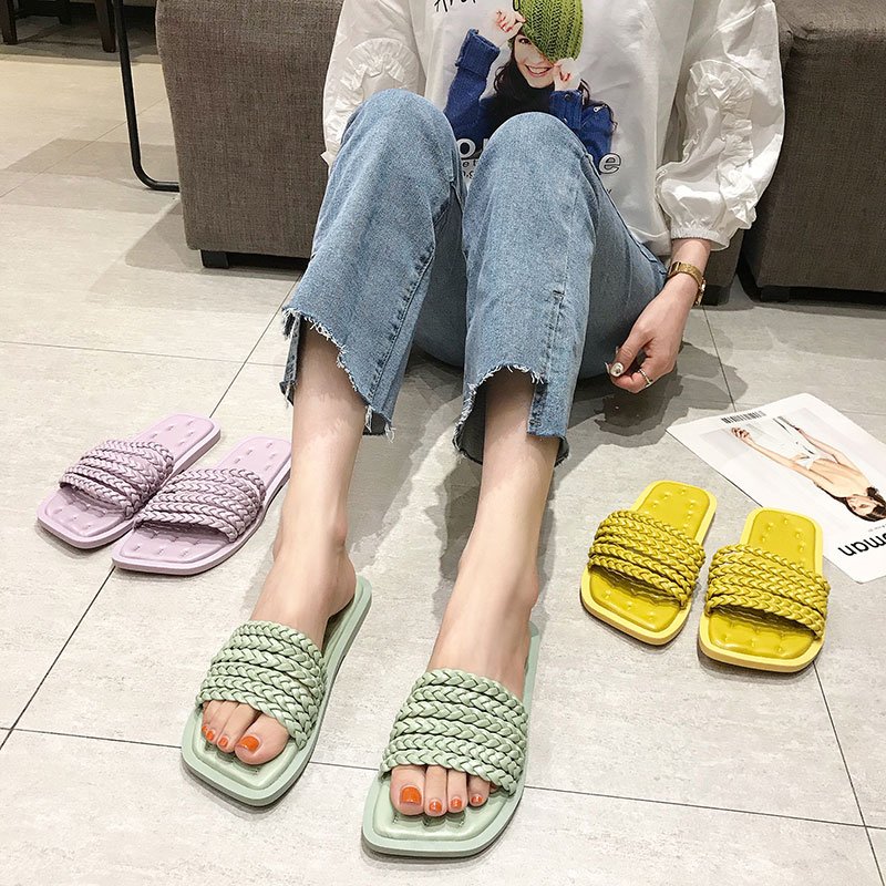 画像6: Women  open toe  candy color woven square head flat slippers  sandals 　フラットレザー編みキャンディーカラーサンダル スリッパ　ミュール　 (6)