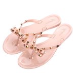 画像1: Women rivet bow flip flops  flat sandals and slippers 　フラットスタッズ＆リボントングサンダル スリッパ　ミュール　 (1)