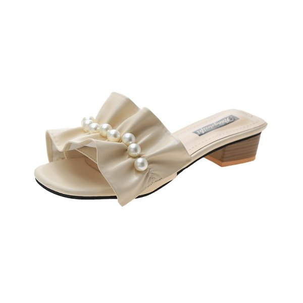 画像1: Women’ｓSandals with pearls on frills　レザーフリル＆パールサンダル スリッパ　ミュール　 (1)