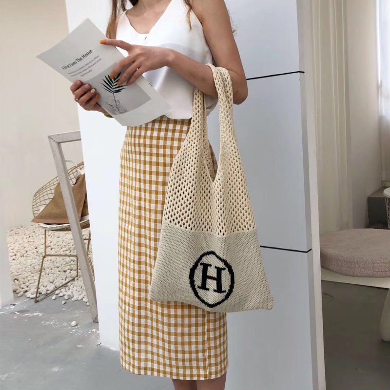 画像5: knit H logo shoulder eco bag  ニット編みHロゴショルダーエコバックトート トートバック (5)