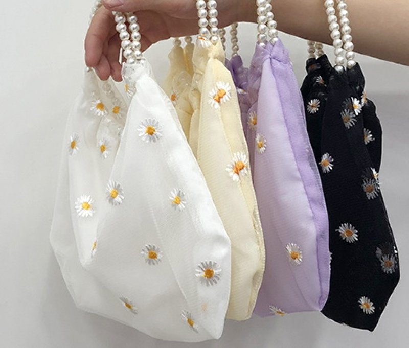画像5: small daisy bag Handbag r eco bag デイジー刺繍 フラワーパールハンドル トートミニ ハンドバッグ ショルダーバック エコバックトート トートバック (5)