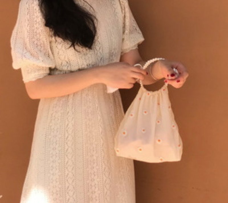 画像6: small daisy bag Handbag r eco bag デイジー刺繍 フラワーパールハンドル トートミニ ハンドバッグ ショルダーバック エコバックトート トートバック (6)