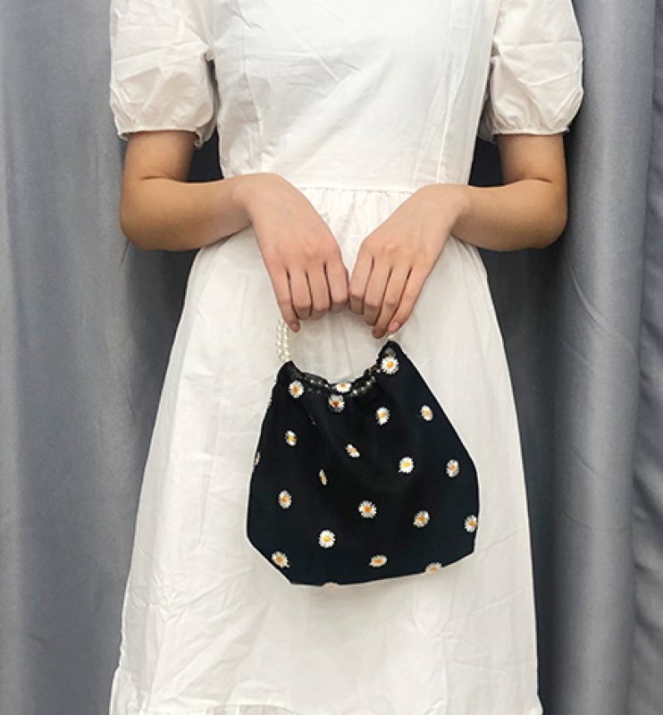 画像3: small daisy bag Handbag r eco bag デイジー刺繍 フラワーパールハンドル トートミニ ハンドバッグ ショルダーバック エコバックトート トートバック (3)