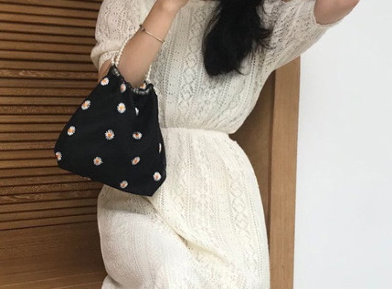 画像7: small daisy bag Handbag r eco bag デイジー刺繍 フラワーパールハンドル トートミニ ハンドバッグ ショルダーバック エコバックトート トートバック (7)
