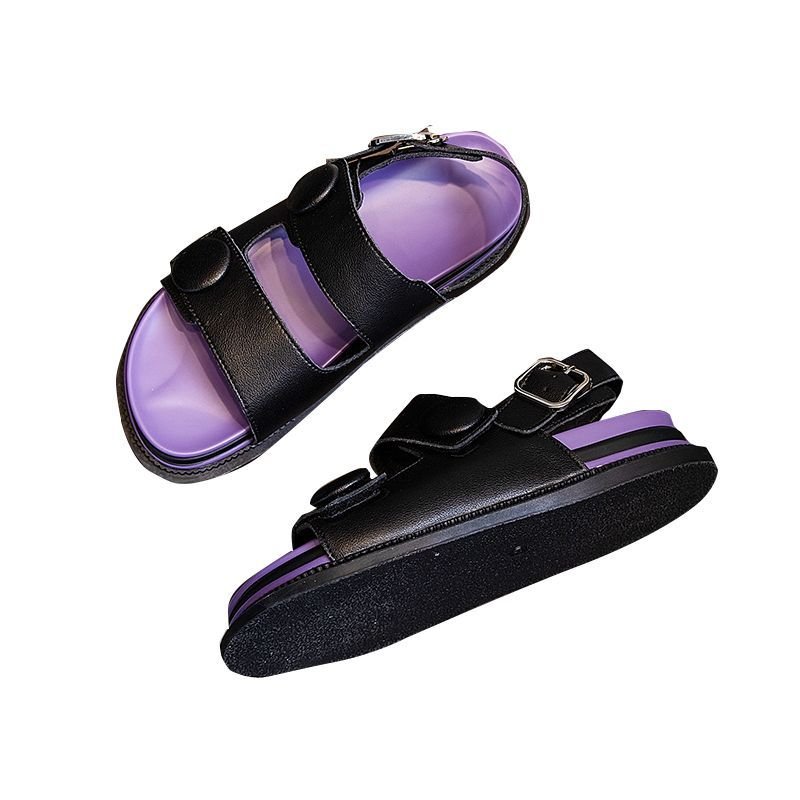 画像2: Women color matching thick bottom fashion Velcro  flat  sandals  slippers 厚底ファッションベルクロバックストラップ フラットサンダル スリッパ (2)