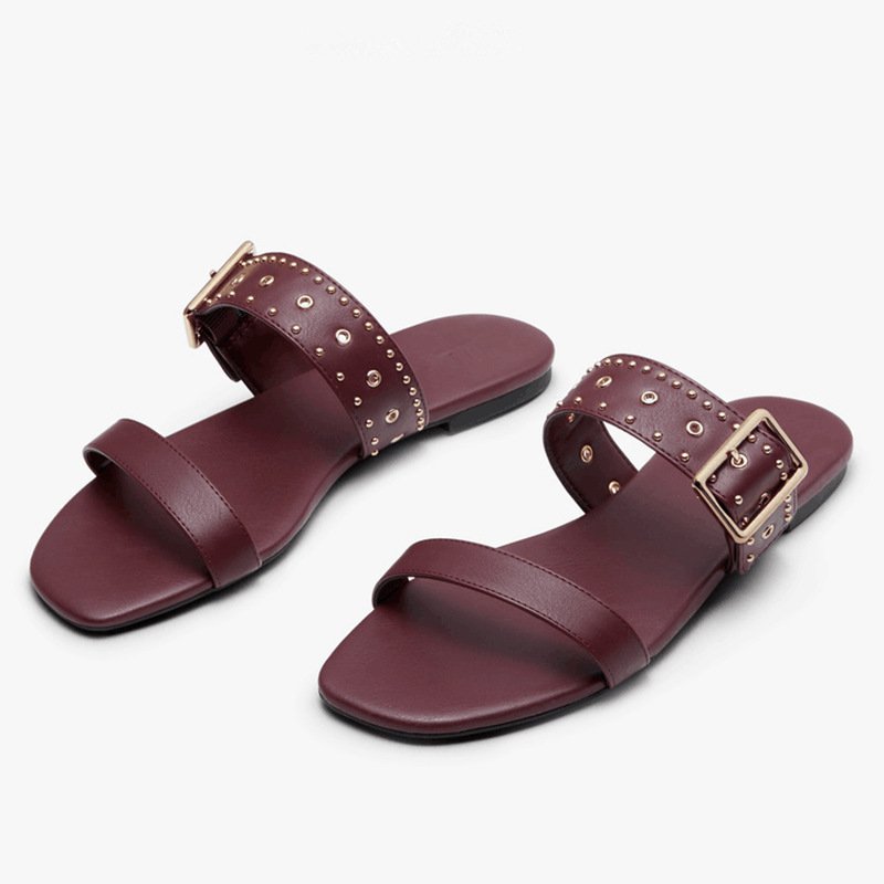 画像2: Women rivet decoration ladies flat sandals  slippers 　レザースタッズ付きフラットサンダル スリッパ (2)