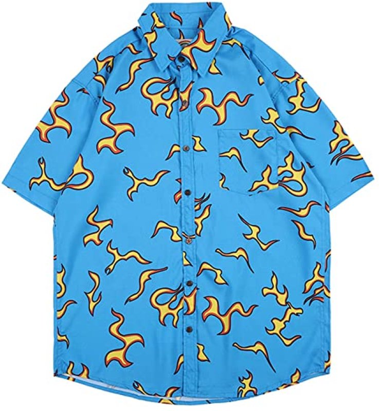 画像1:   Men's Hawaiian Relaxed Fit Flame Print Short Sleeve Shirt ユニセックス 男女兼用ハワイアンリラックスフィットフレームプリント半袖シャツ (1)