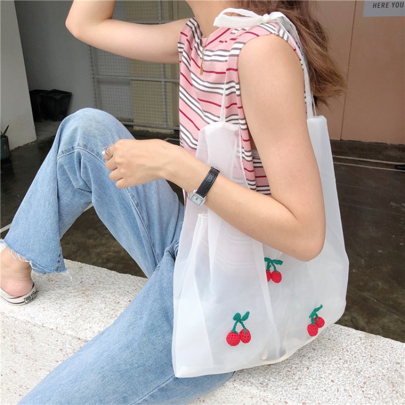 画像5: Hyun A flowers thin transparent fairy bag  eco bag shopping bag ストロベリーアップリケ付きショルダーエコバッグトート バック (5)